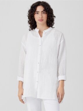 Eileen Fisher Cream-100% Organic Linen Mandarin Collar Button-Down Shirt